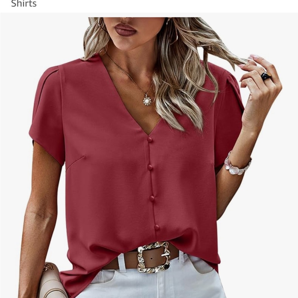 Women's V-Neck Button-Down Top - Red